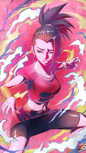 Anime picture 1440x2560 with dragon ball dragon ball super kale (dragon ball) amaguchi chiyoko single tall image short hair black hair smile brown eyes signed looking away ponytail grin fighting stance girl skirt earrings shorts belt