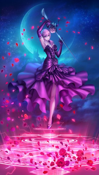 Anime picture 900x1580 with final fantasy final fantasy xiii lightning returns: final fantasy xiii square enix lightning farron diamond dust single long hair tall image looking at viewer fringe blue eyes hair between eyes bare shoulders pink hair sky night arms up armpit (armpits) alternate costume
