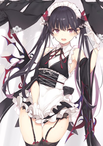 Anime picture 955x1351 with original nanananana single long hair tall image looking at viewer blush fringe open mouth light erotic black hair simple background hair between eyes red eyes standing twintails bare shoulders multicolored hair wide sleeves two-tone hair