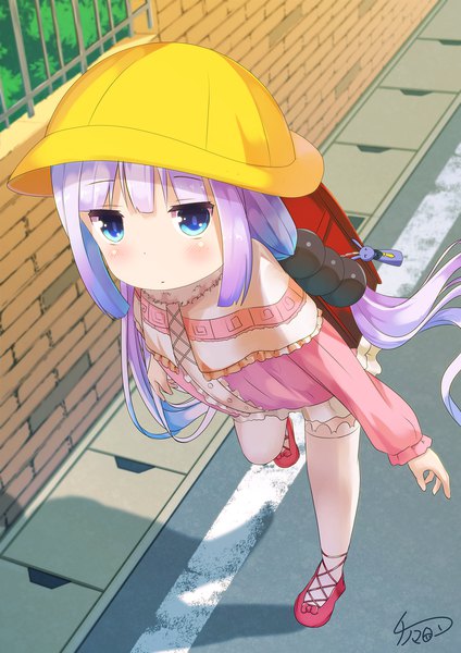 Anime picture 1414x2000 with kobayashi-san chi no maidragon kyoto animation kanna kamui chinomaron single long hair tall image looking at viewer blush blue eyes twintails silver hair outdoors from above shadow loli floating hair walking girl thighhighs