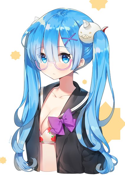 Anime picture 800x1133 with re:zero kara hajimeru isekai seikatsu white fox rem (re:zero) hakugei (re:zero) ayami (annahibi) single long hair tall image looking at viewer blush fringe breasts blue eyes light erotic simple background hair between eyes large breasts white background twintails blue hair