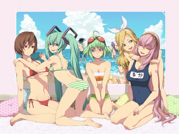 Anime picture 1300x975 with vocaloid hatsune miku megurine luka kagamine rin kagamine len gumi kaito (vocaloid) meiko kamui gakupo nayu light erotic barefoot covered nipples girl underwear panties swimsuit bikini one-piece swimsuit school swimsuit