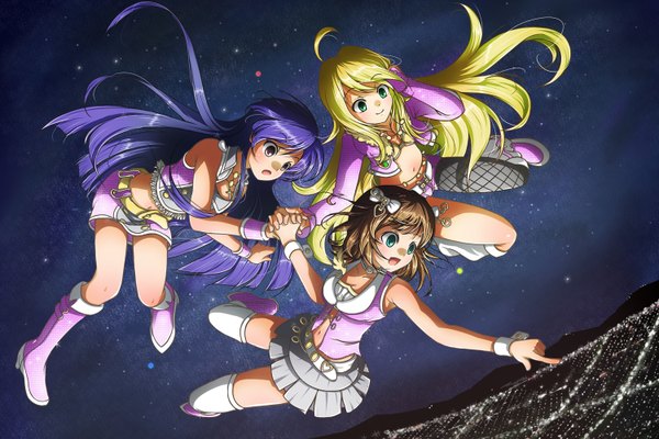 Anime picture 1500x1000 with idolmaster hoshii miki kisaragi chihaya amami haruka pobii long hair short hair blonde hair brown hair multiple girls brown eyes green eyes purple hair ahoge night holding hands city lights weightlessness pink diamond 765 girl