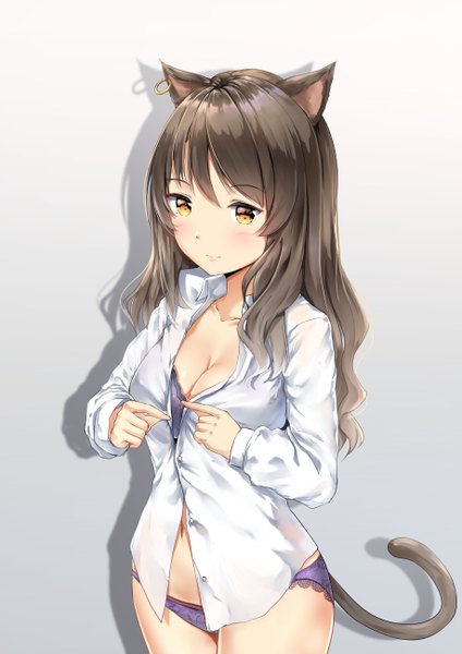 Anime picture 918x1298 with arknights skyfire (arknights) chahei single long hair tall image blush fringe breasts light erotic simple background brown hair standing animal ears yellow eyes cleavage tail animal tail cat ears shadow