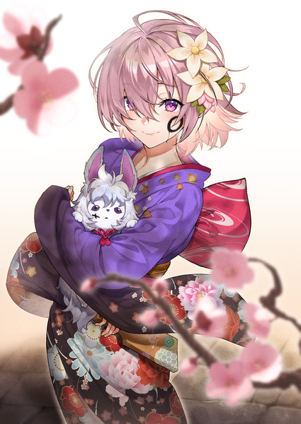 Anime-Bild 1417x2000 mit fate (series) fate/grand order mash kyrielight fou (fate) kabu (niniko2ko) single tall image looking at viewer fringe short hair hair between eyes purple eyes pink hair outdoors traditional clothes japanese clothes hair flower blurry new year plum blossoms