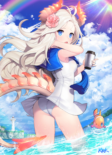 Anime picture 1500x2063 with blade & soul lyn (blade & soul) kuang (kzhw7588) single long hair tall image looking at viewer blush open mouth blue eyes light erotic standing holding signed payot sky silver hair cloud (clouds) ahoge outdoors
