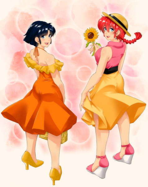 Anime picture 2700x3400 with ranma 1/2 saotome ranma saotome ranma (girl) tendou akane omiiverse long hair tall image looking at viewer fringe highres short hair breasts open mouth blue eyes black hair smile hair between eyes large breasts standing bare shoulders