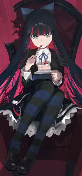 Anime picture 1500x3198 with panty & stocking with garterbelt anarchy stocking modare single long hair tall image looking at viewer fringe black hair sitting green eyes pink hair blunt bangs multicolored hair colored inner hair eating girl bow hair bow pantyhose