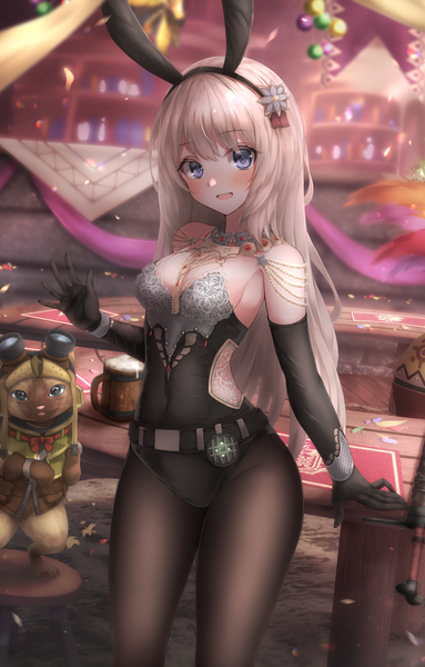 Anime picture 2300x3600 with original absent single long hair tall image looking at viewer blush fringe highres breasts open mouth light erotic blonde hair smile standing bare shoulders animal ears indoors blunt bangs head tilt