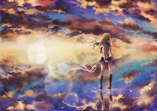 Anime picture 1200x849 with touhou kochiya sanae kane (kanekiru) standing holding sky cloud (clouds) green hair from behind lens flare reflection arm behind back ripples morning sunrise girl skirt uniform school uniform water