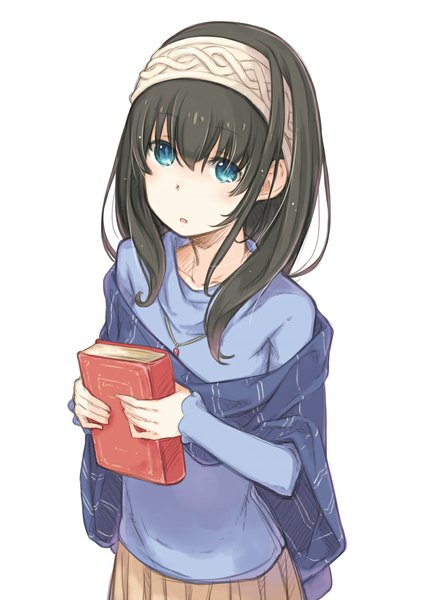 Anime picture 800x1131 with idolmaster idolmaster cinderella girls sagisawa fumika hanarito single long hair tall image blush fringe black hair simple background white background parted lips aqua eyes from above looking up girl hairband book (books) turtleneck