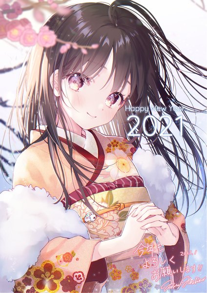 Anime picture 919x1300 with original hoshino ruru single long hair tall image looking at viewer blush black hair smile purple eyes upper body traditional clothes head tilt japanese clothes new year interlocked fingers happy new year 2021 girl flower (flowers)