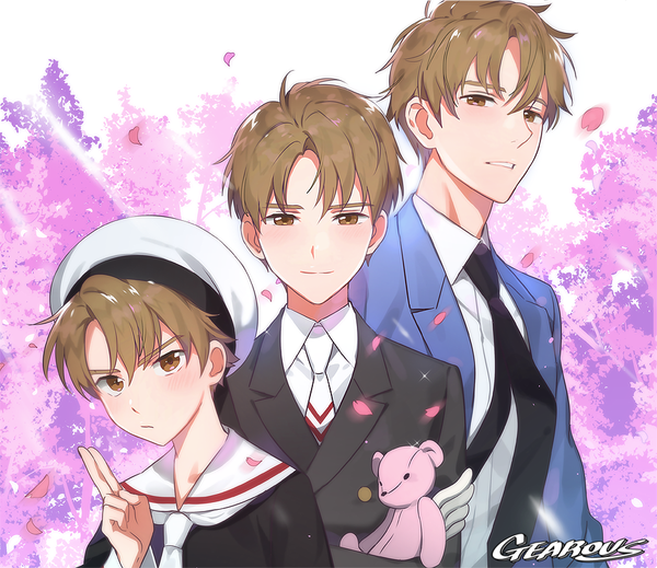 Anime picture 900x779 with card captor sakura clamp li xiaolang gearous looking at viewer blush fringe short hair hair between eyes brown hair standing brown eyes signed upper body light smile multiple boys cherry blossoms multiple persona spring formal