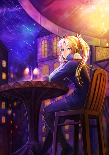 Anime picture 600x853 with gunslinger girl madhouse triela kankito single long hair tall image looking at viewer fringe blue eyes blonde hair hair between eyes sitting twintails sky full body outdoors looking back night from below