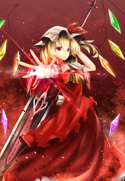 Anime picture 1415x2047 with touhou flandre scarlet sinkai single tall image looking at viewer short hair breasts blonde hair red eyes :o short sleeves puffy sleeves side ponytail glowing red background outstretched hand adapted costume alternate breast size girl