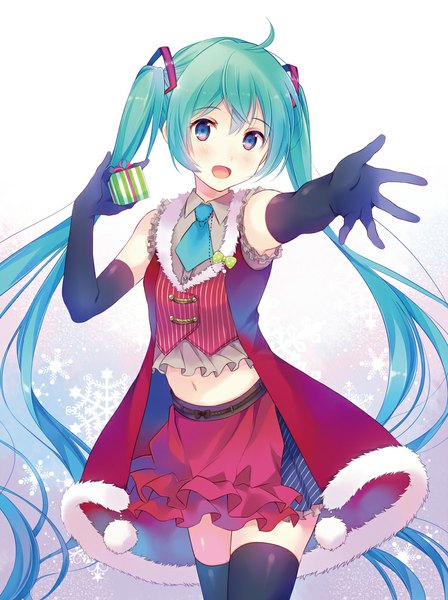 Anime picture 800x1070 with vocaloid hatsune miku ousaka nozomi single tall image looking at viewer blush fringe open mouth blue eyes smile hair between eyes white background twintails bare shoulders holding very long hair aqua hair bare belly midriff