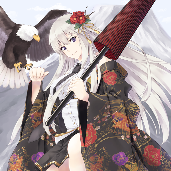 Anime picture 1637x1637 with azur lane enterprise (azur lane) enchuu single long hair looking at viewer fringe breasts smile hair between eyes large breasts standing purple eyes bare shoulders holding payot silver hair outdoors long sleeves traditional clothes