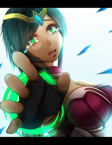 Anime picture 780x1006 with league of legends karma (league of legends) oldlim (artist) single tall image looking at viewer short hair breasts black hair large breasts green eyes girl gloves teardrop