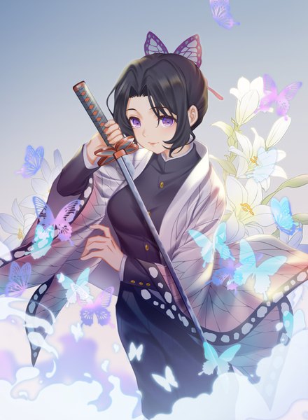 Anime picture 1050x1432 with kimetsu no yaiba ufotable kochou shinobu littleamber single tall image looking at viewer short hair black hair purple eyes traditional clothes japanese clothes from above animal print butterfly print girl uniform hair ornament flower (flowers) weapon