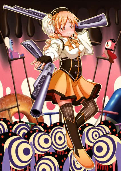 Anime picture 1060x1500 with mahou shoujo madoka magica shaft (studio) tomoe mami charlotte (madoka magica) sen-asanagi long hair tall image blush smile twintails orange hair orange eyes drill hair girl thighhighs weapon gun striped thighhighs rifle musket