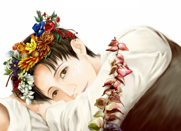Anime picture 1000x729 with shingeki no kyojin production i.g marco bott xinzi single looking at viewer short hair simple background brown hair white background brown eyes lying freckles boy flower (flowers) plant (plants) wreath
