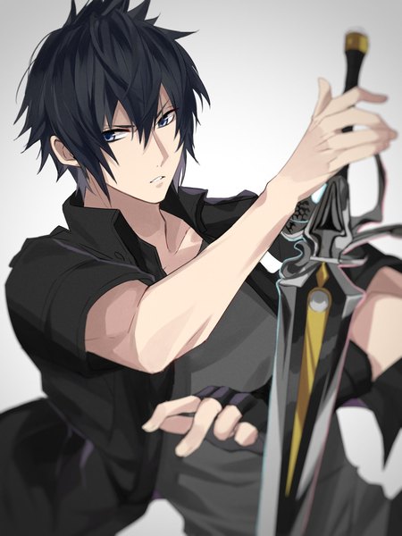Anime picture 1200x1600 with final fantasy final fantasy xv square enix noctis lucis caelum yawatofu single tall image fringe short hair blue eyes black hair simple background hair between eyes holding looking away upper body parted lips wind blurry grey background