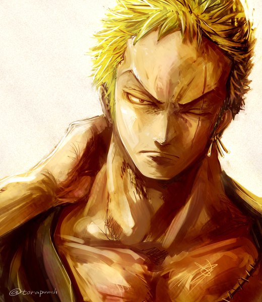 Anime picture 1776x2048 with one piece toei animation roronoa zoro torapunch single tall image looking at viewer highres short hair simple background brown eyes signed upper body one eye closed green hair twitter username piercing ear piercing scar face
