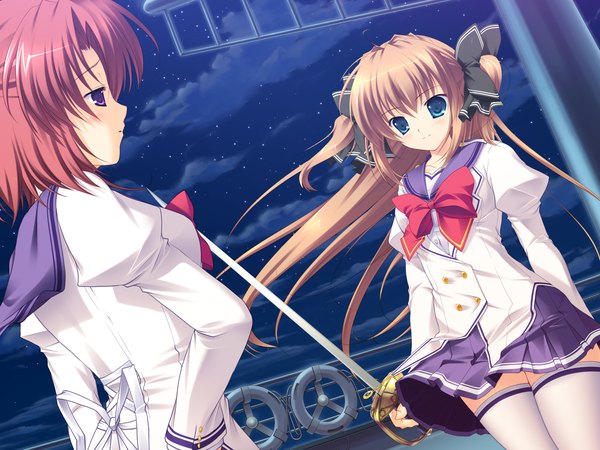 Anime picture 1600x1200 with nanairo kouro asuka mirai mikeou long hair short hair blue eyes brown hair multiple girls game cg red hair pink eyes night girl skirt 2 girls miniskirt sword serafuku