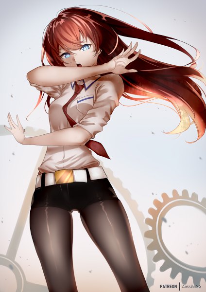 Anime picture 1696x2400 with steins;gate white fox makise kurisu zasshu single long hair tall image looking at viewer fringe open mouth blue eyes simple background hair between eyes brown hair standing signed head tilt arm up floating hair legwear under shorts