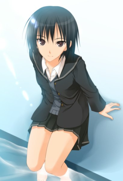 Anime picture 700x1027 with amagami nanasaki ai takepon (artist) single tall image looking at viewer short hair black hair smile sitting brown eyes girl skirt uniform school uniform water pool