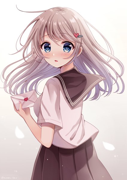 Anime picture 699x990 with original sakura hiyori single long hair tall image looking at viewer blush fringe open mouth blue eyes simple background holding payot ahoge pleated skirt looking back grey hair grey background gradient background floating hair