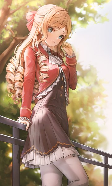 Anime picture 1320x2194 with watashi no oshi wa akuyaku reijou claire francois lunacle single long hair tall image looking at viewer blush fringe blue eyes blonde hair standing payot ahoge outdoors long sleeves head tilt blurry arm support depth of field
