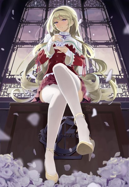 Anime picture 1800x2600 with original okingjo single long hair tall image blush highres blonde hair sitting purple eyes full body girl thighhighs dress flower (flowers) miniskirt petals white thighhighs window hairband
