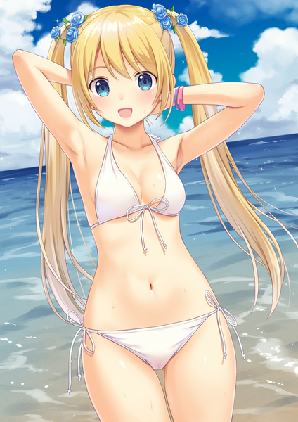 Anime-Bild 2894x4093 mit original n.g. single long hair tall image looking at viewer blush fringe highres breasts open mouth blue eyes light erotic blonde hair smile standing twintails sky cleavage cloud (clouds)