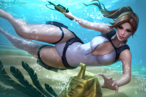 Anime picture 1419x944 with tomb raider lara croft michelle hoefener single long hair fringe breasts light erotic brown hair holding brown eyes signed cleavage full body ponytail barefoot light smile lips realistic lipstick