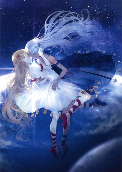 Anime picture 2342x3300 with original eshi 100-nin ten nama2e tall image highres blue eyes light erotic blonde hair red eyes bare shoulders multiple girls silver hair full body very long hair profile scan dark skin shoujo ai eye contact space