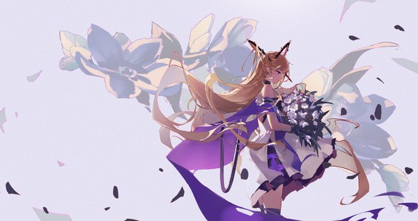 Anime picture 6171x3269 with arknights indigo (arknights) ash-c single highres blonde hair wide image standing purple eyes looking away absurdres very long hair profile elite ii (arknights) girl dress flower (flowers) bouquet infection monitor (arknights)