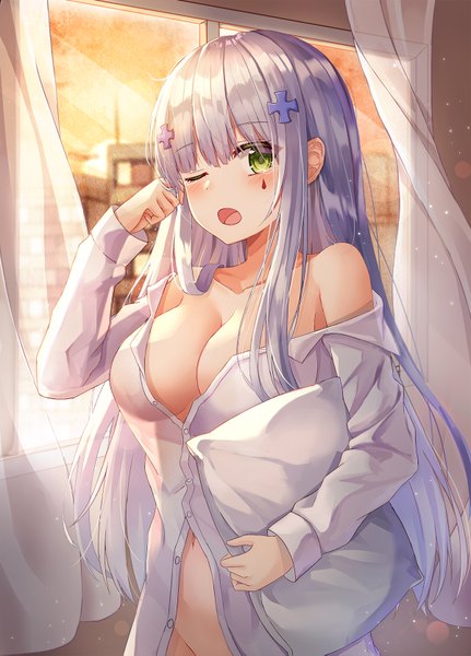 Anime picture 1200x1669 with girls frontline hk416 (girls frontline) lkeris single long hair tall image looking at viewer blush fringe breasts open mouth light erotic large breasts standing bare shoulders holding green eyes payot cleavage silver hair