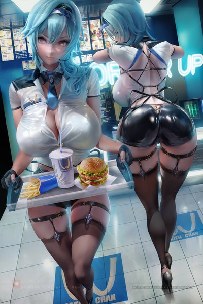 Anime picture 2400x3600 with genshin impact monster energy mcdonald's eula lawrence sakimichan long hair tall image looking at viewer blush fringe highres breasts light erotic smile hair between eyes large breasts standing multiple girls holding brown eyes