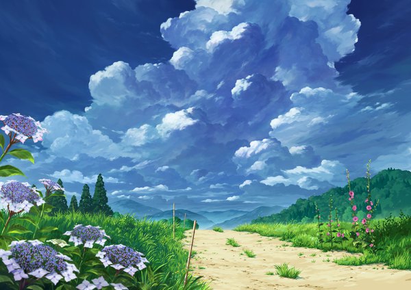 Anime picture 3508x2480 with original sasaj highres absurdres sky cloud (clouds) outdoors mountain no people landscape nature hill flower (flowers) plant (plants) tree (trees) grass forest hydrangea path hollyhock