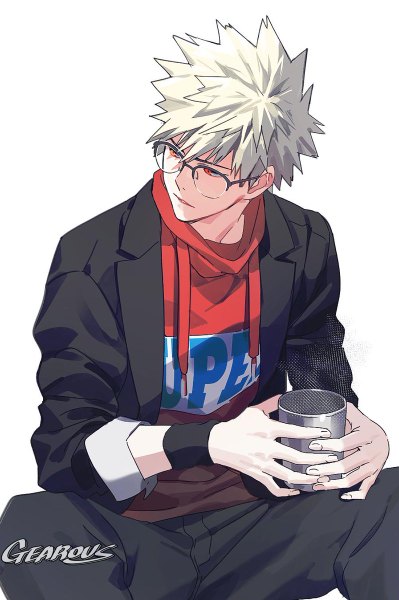 Anime picture 798x1200 with boku no hero academia studio bones bakugou katsuki gearous single tall image fringe short hair simple background hair between eyes red eyes white background sitting holding signed looking away silver hair parted lips steam clothes writing