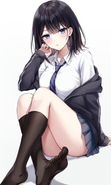 Anime picture 1672x2768 with original parum39 single tall image looking at viewer blush fringe short hair blue eyes light erotic black hair simple background white background sitting bent knee (knees) long sleeves pleated skirt off shoulder arm support no shoes