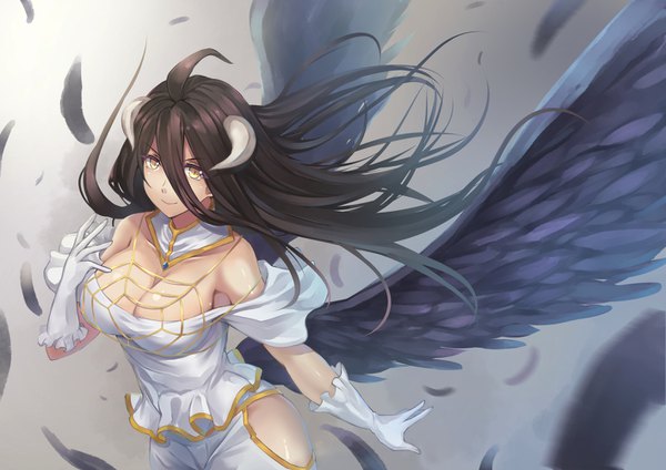 Anime picture 1415x1000 with overlord (maruyama) madhouse albedo (overlord) a-na single long hair looking at viewer fringe breasts light erotic black hair simple background smile hair between eyes large breasts standing yellow eyes cleavage ahoge horn (horns)