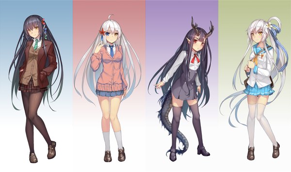 Anime picture 2671x1576 with million arthur (series) square enix musynexsk long hair looking at viewer highres blue eyes black hair smile red eyes wide image standing multiple girls yellow eyes full body ahoge white hair ponytail tail pleated skirt