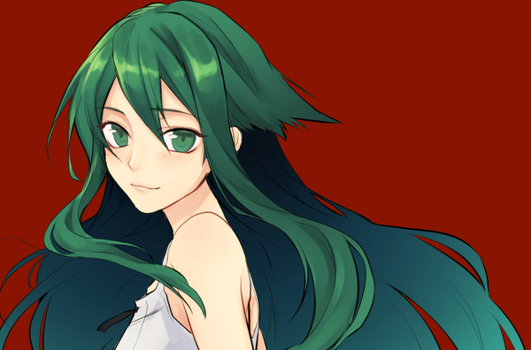 Anime picture 1199x792 with saya no uta nitroplus saya (saya no uta) kuwa ayase single long hair looking at viewer fringe simple background hair between eyes bare shoulders green eyes payot upper body green hair floating hair turning head red background girl sundress