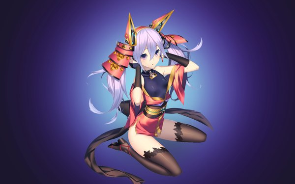 Anime picture 1920x1200 with original assassinwarrior ac (eshi) single long hair fringe highres breasts light erotic simple background hair between eyes sitting twintails purple hair full body traditional clothes parted lips japanese clothes pink eyes wallpaper