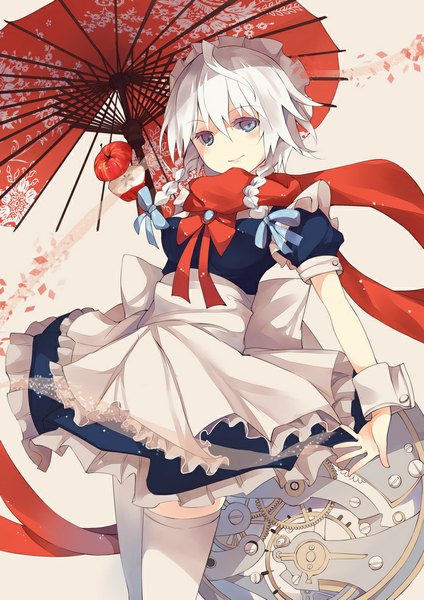 Anime picture 744x1052 with touhou izayoi sakuya rain lan single tall image looking at viewer blush short hair blue eyes smile braid (braids) maid twin braids girl thighhighs white thighhighs headdress scarf maid headdress umbrella