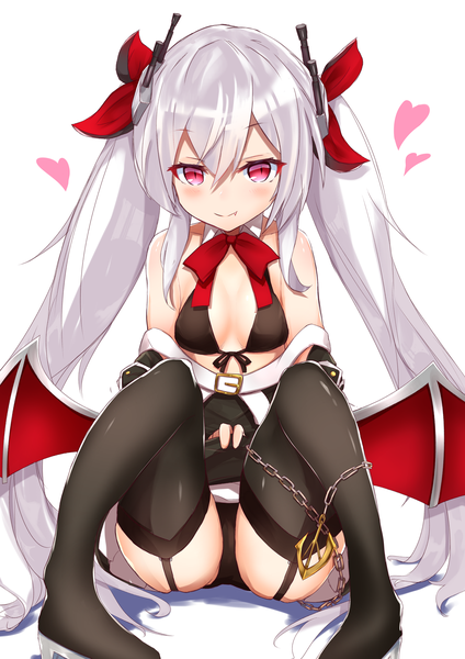 Anime-Bild 1800x2545 mit azur lane vampire (azur lane) nanakaku single long hair tall image looking at viewer blush fringe highres breasts light erotic simple background hair between eyes white background sitting twintails bare shoulders cleavage silver hair