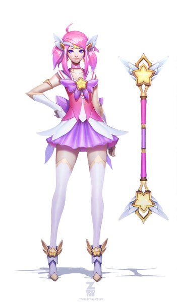 Anime-Bild 800x1367 mit league of legends lux (league of legends) star guardian lux paul (shiramune) single tall image looking at viewer short hair simple background standing white background purple eyes pink hair realistic shadow girl gloves earrings white gloves staff