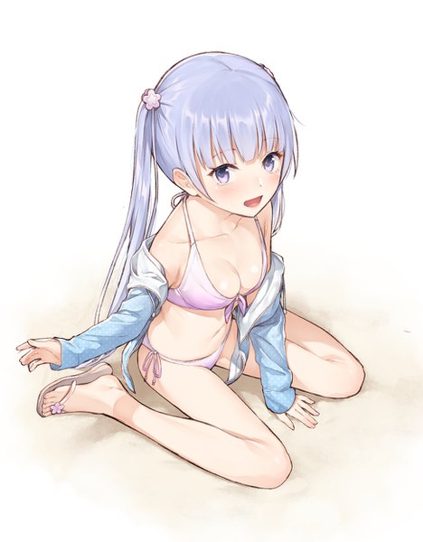 Anime picture 973x1248 with new game! doga kobo suzukaze aoba mikazuchi zeus single long hair tall image looking at viewer blush fringe breasts open mouth light erotic simple background smile white background sitting twintails purple eyes payot